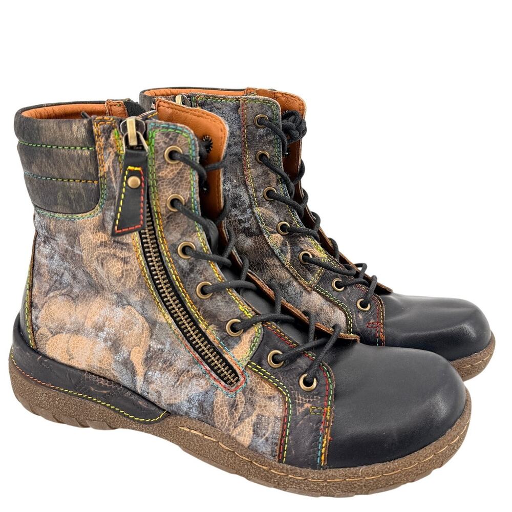 L'Artiste by Spring Jadeite Leather Boots Size 37 6.5 - 7 Zip Lace Up Floral